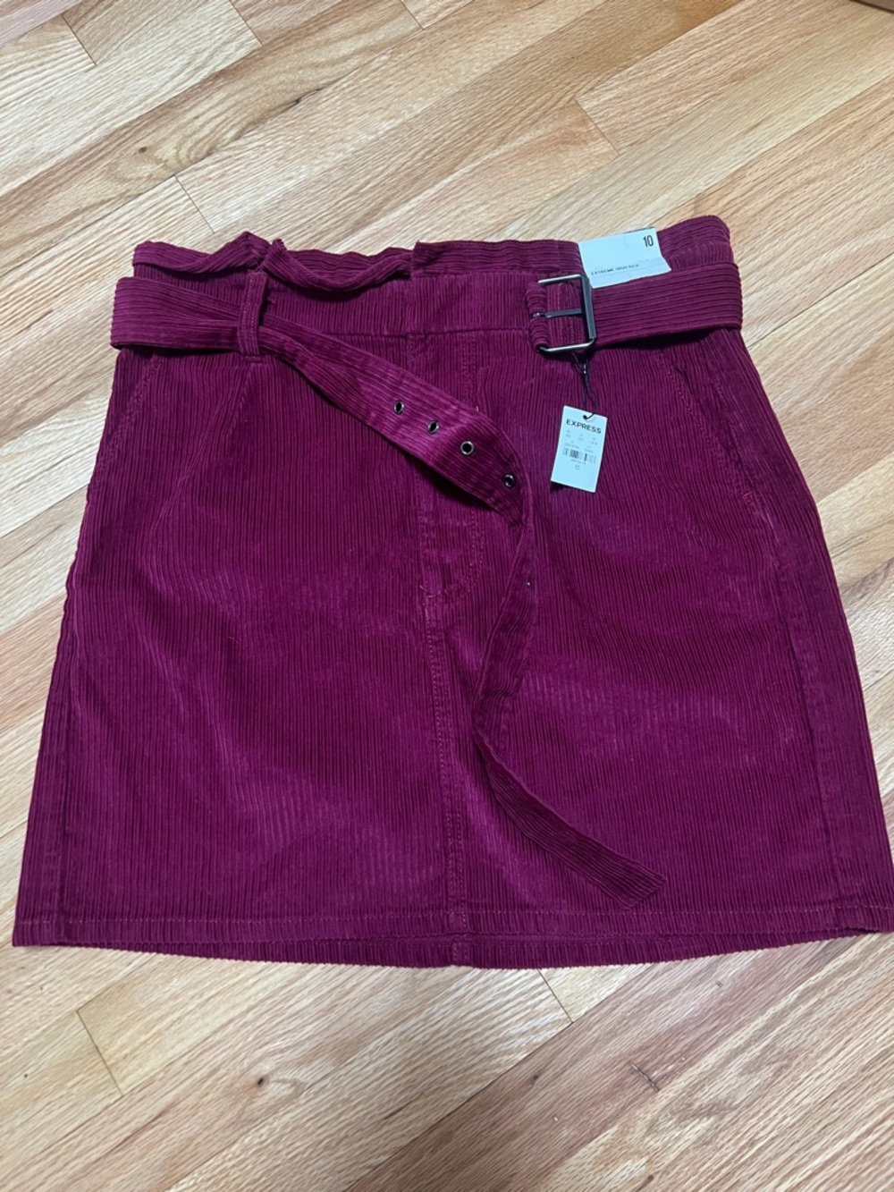 Express Corduroy Belted Mini Skirt in Berry Plum